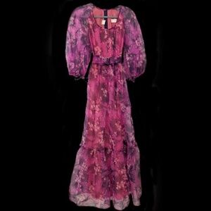 ViINTAGE 70s Peasant Cottagecore Fuchsia Floral Chiffon Evening MaxiDress Sz 0/2